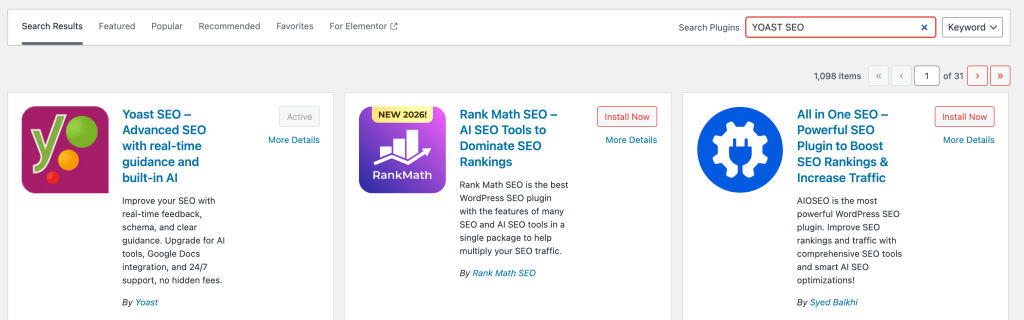 WordPress dashboard showing the Add Plugins page with Yoast SEO searched.