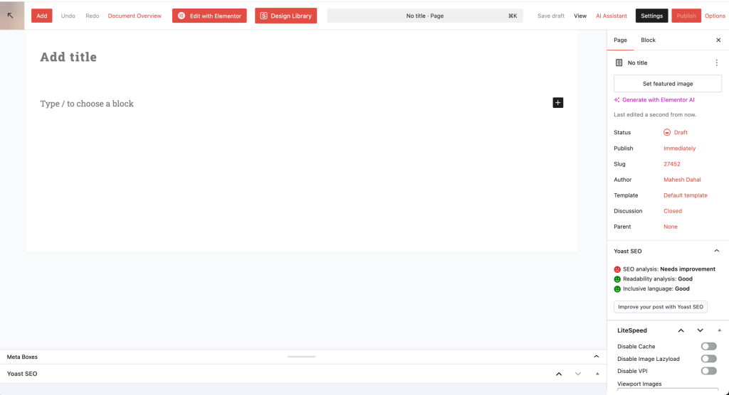Wordpress dashboard showing add posts with add title, set featured image, Yoast SEO and so on.