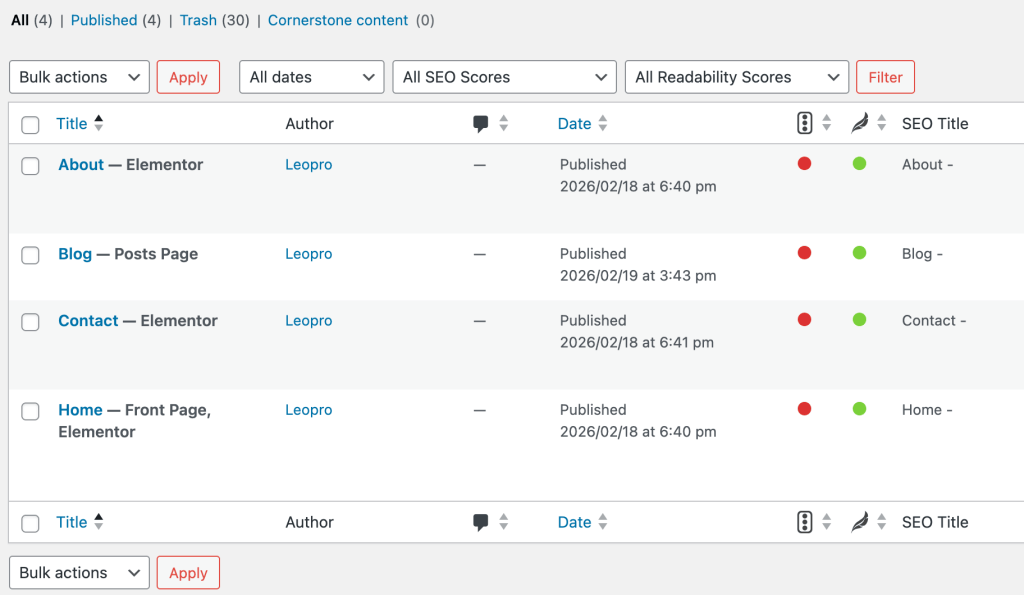wordPress dashboard showing all pages with title, author, date, SEO title
