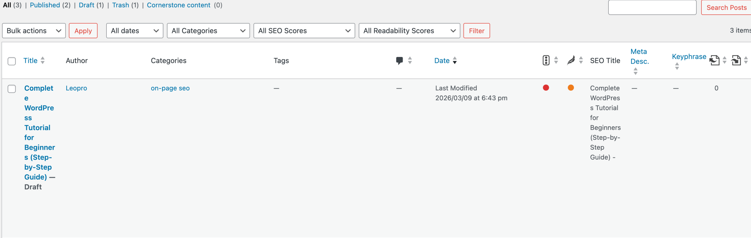 wordPress dashboard showing all post with title, author, date and SEO title.