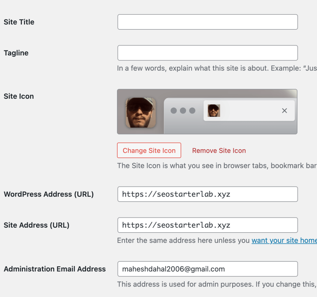Screenshot of WordPress General Settings page showing site title, tagline, URLs, email, timezone, and date format options.