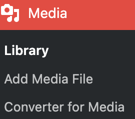 WordPress dashboard showing media with the lists of library, add media file and converter for media.