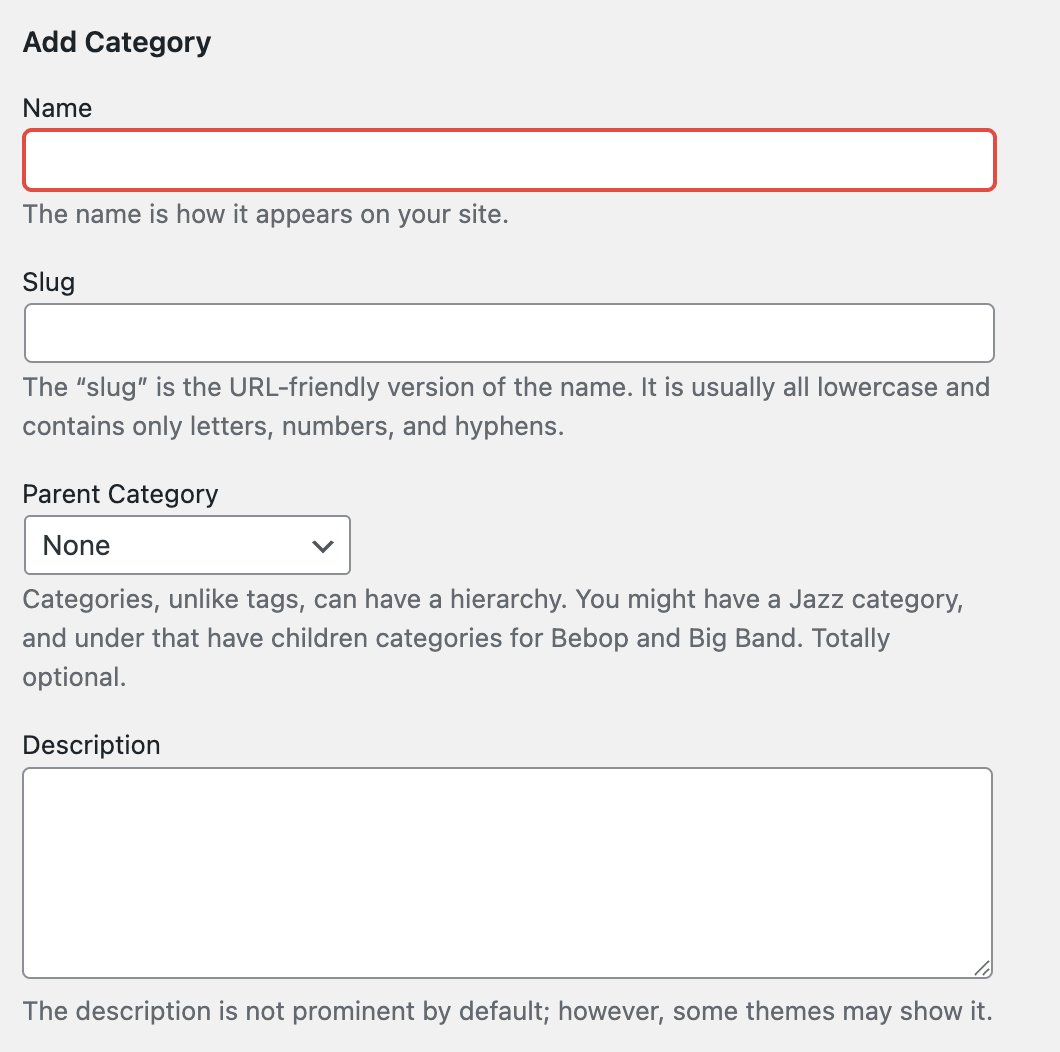 wordPress dashboard showing categories with name, slug, parent category and description.