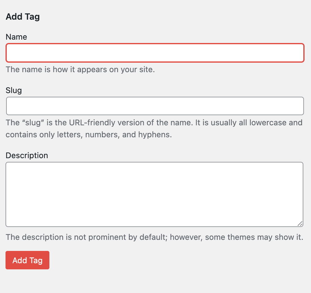 wordPress dashboard showing tags with name, slug and description.