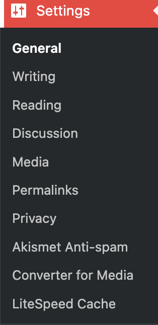 WordPress dashboard showing settings with the lists of General, writing, reading, discussion and permalinks.