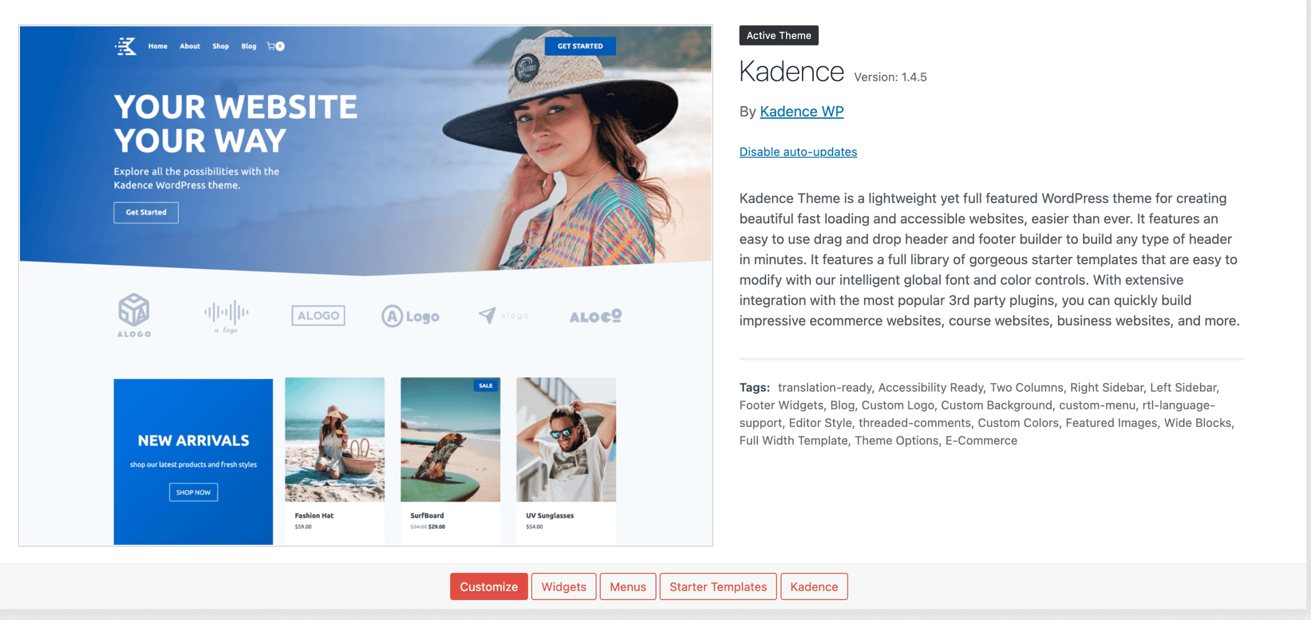 WordPress dashboard showing available themes for beginners