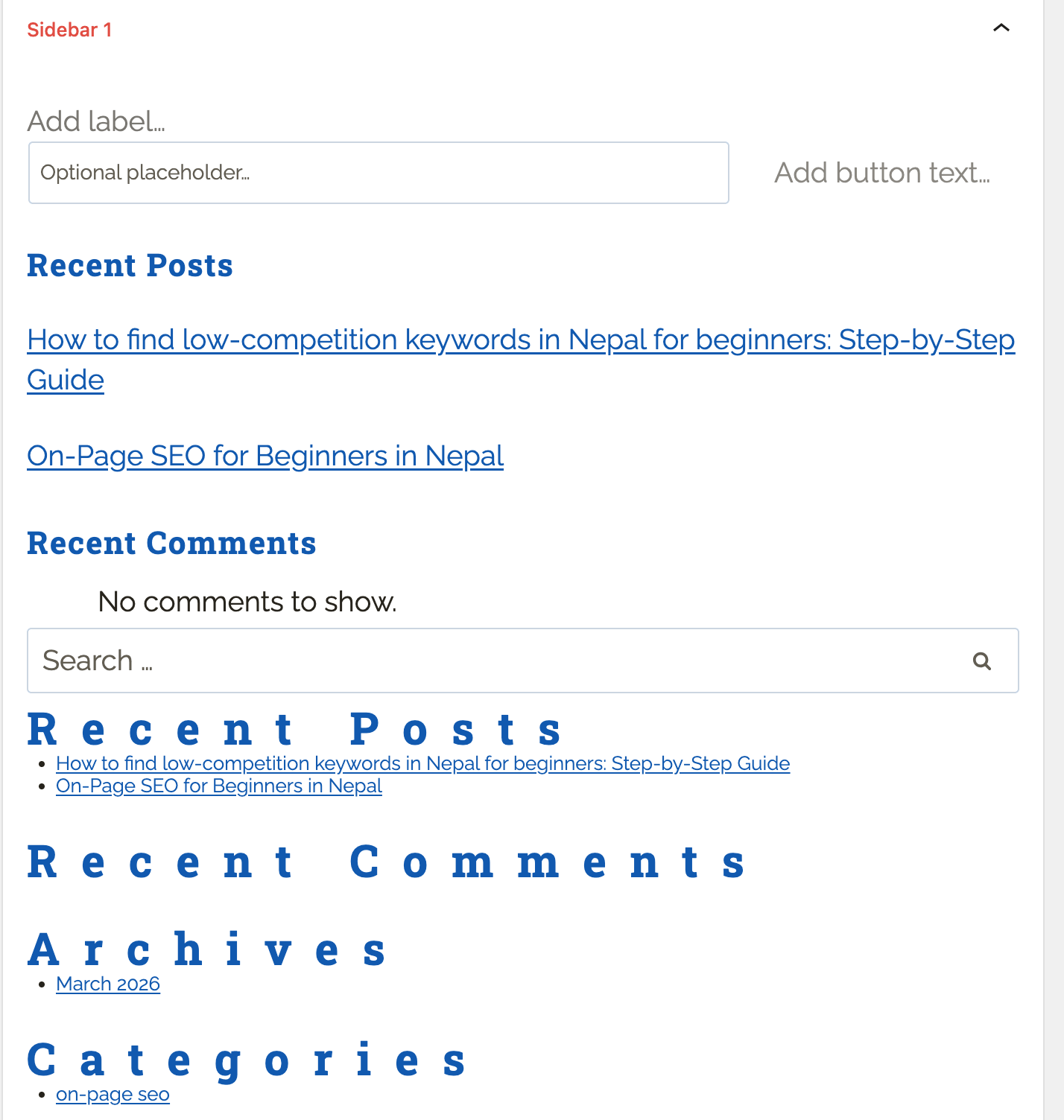 WordPress dashboard showing widgets section for beginners