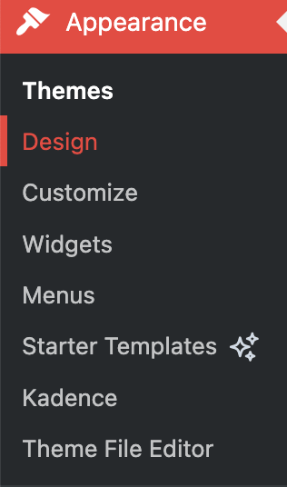 WordPress dashboard showing Appearance with the lists of Themes, design, customize, widgets, menus, starter templates and theme file editor.