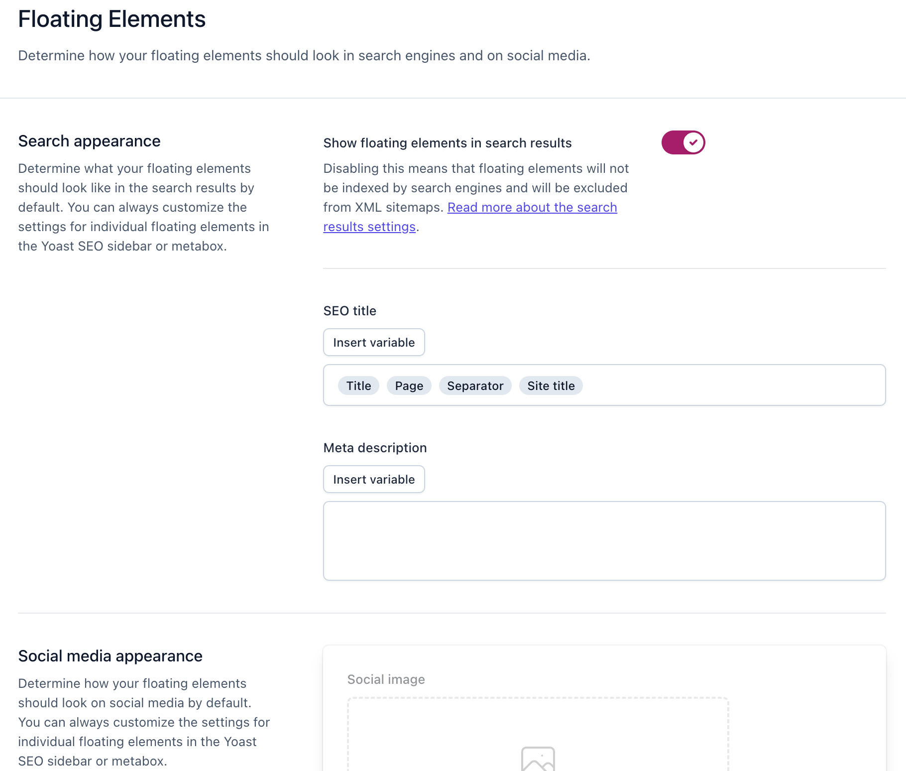 Yoast SEO settings showing content types floating elements like search appearance, social media appearance and schema.