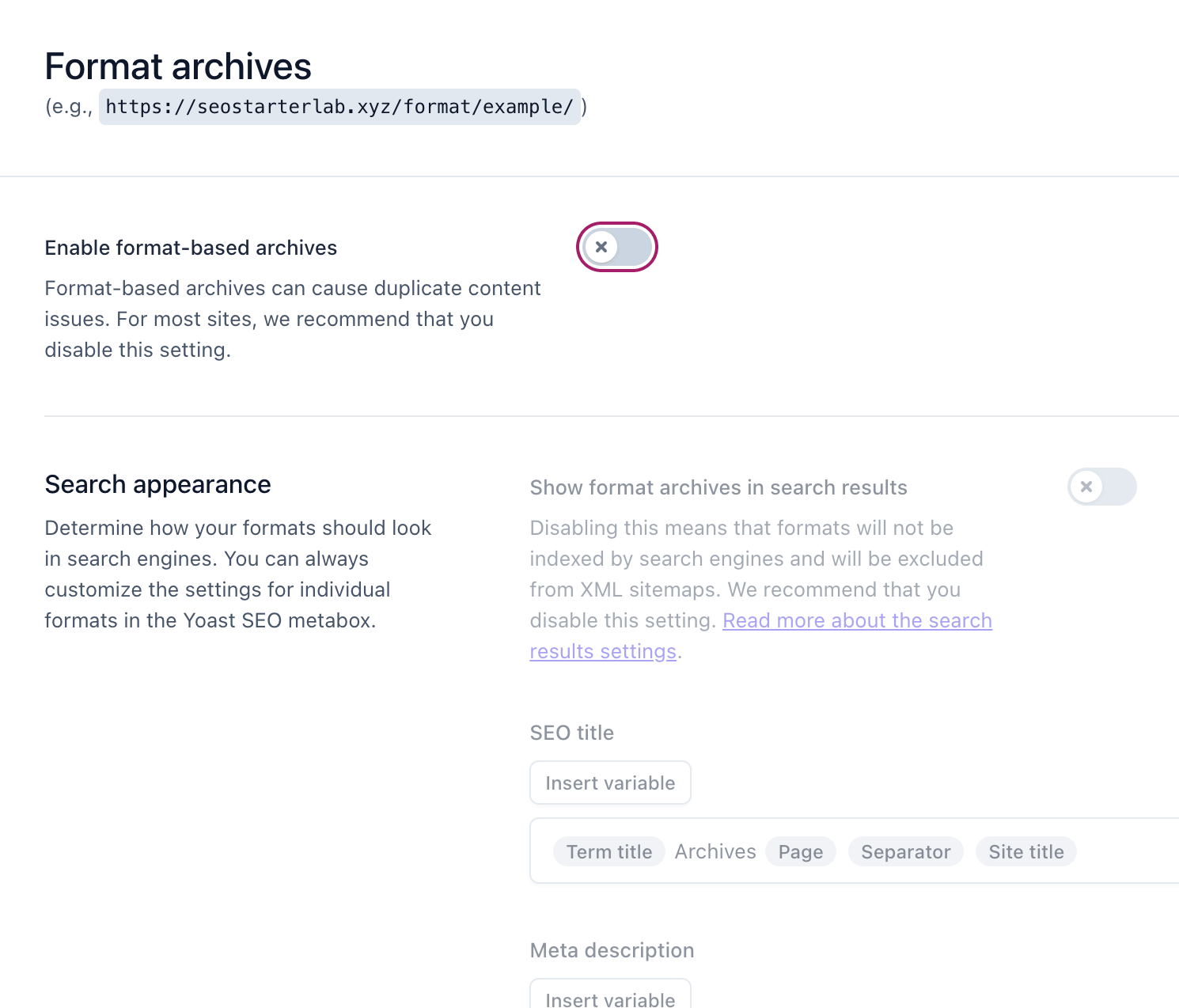 Yoast SEO format archive settings for managing post format pages