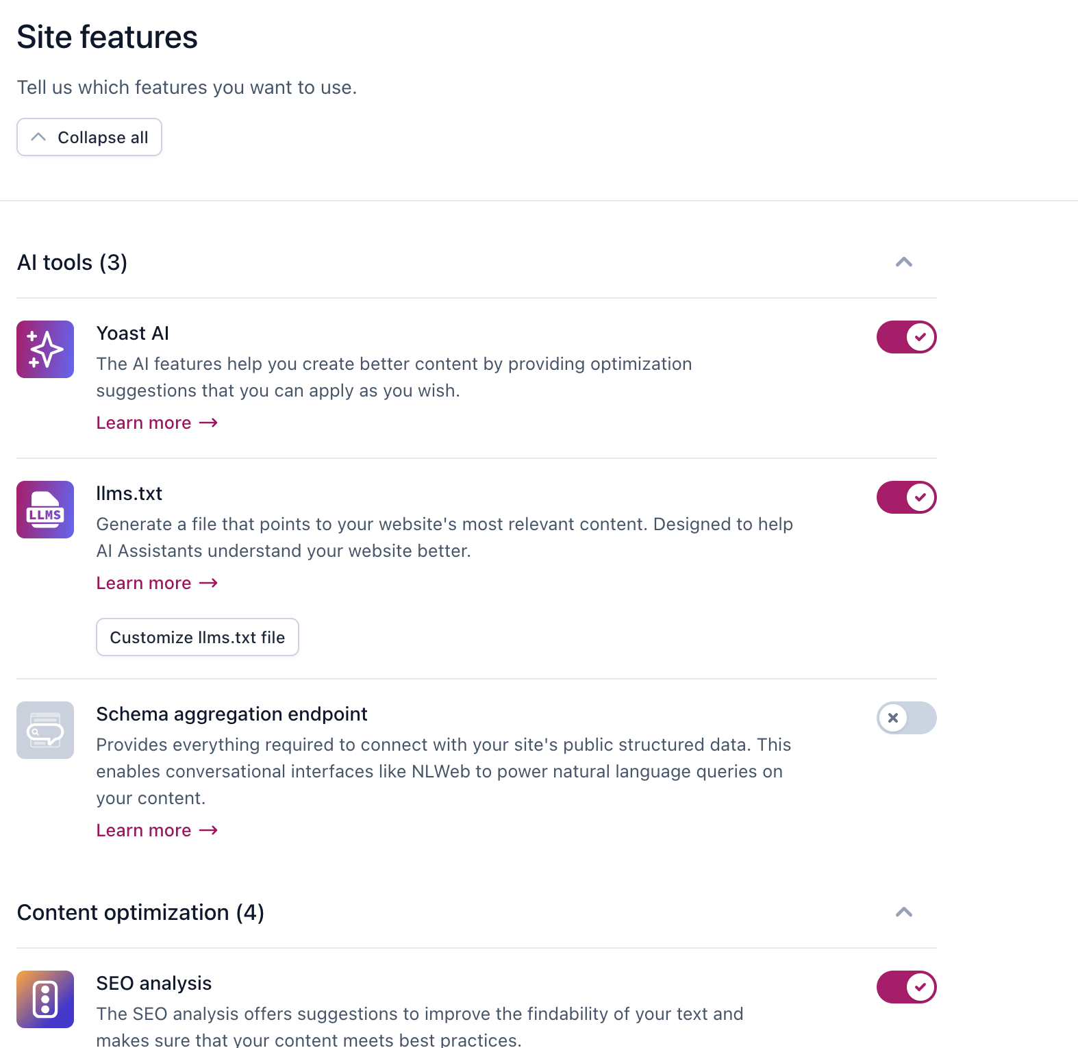 Yoast SEO settings showing General Site Features like AI tools, content optimization and technical SEO.