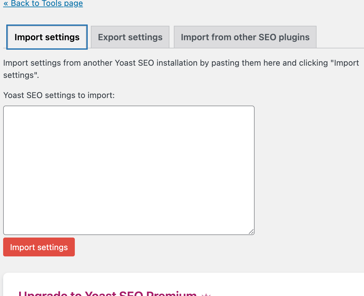 WordPress Yoast SEO tools page showing import and export options for SEO settings