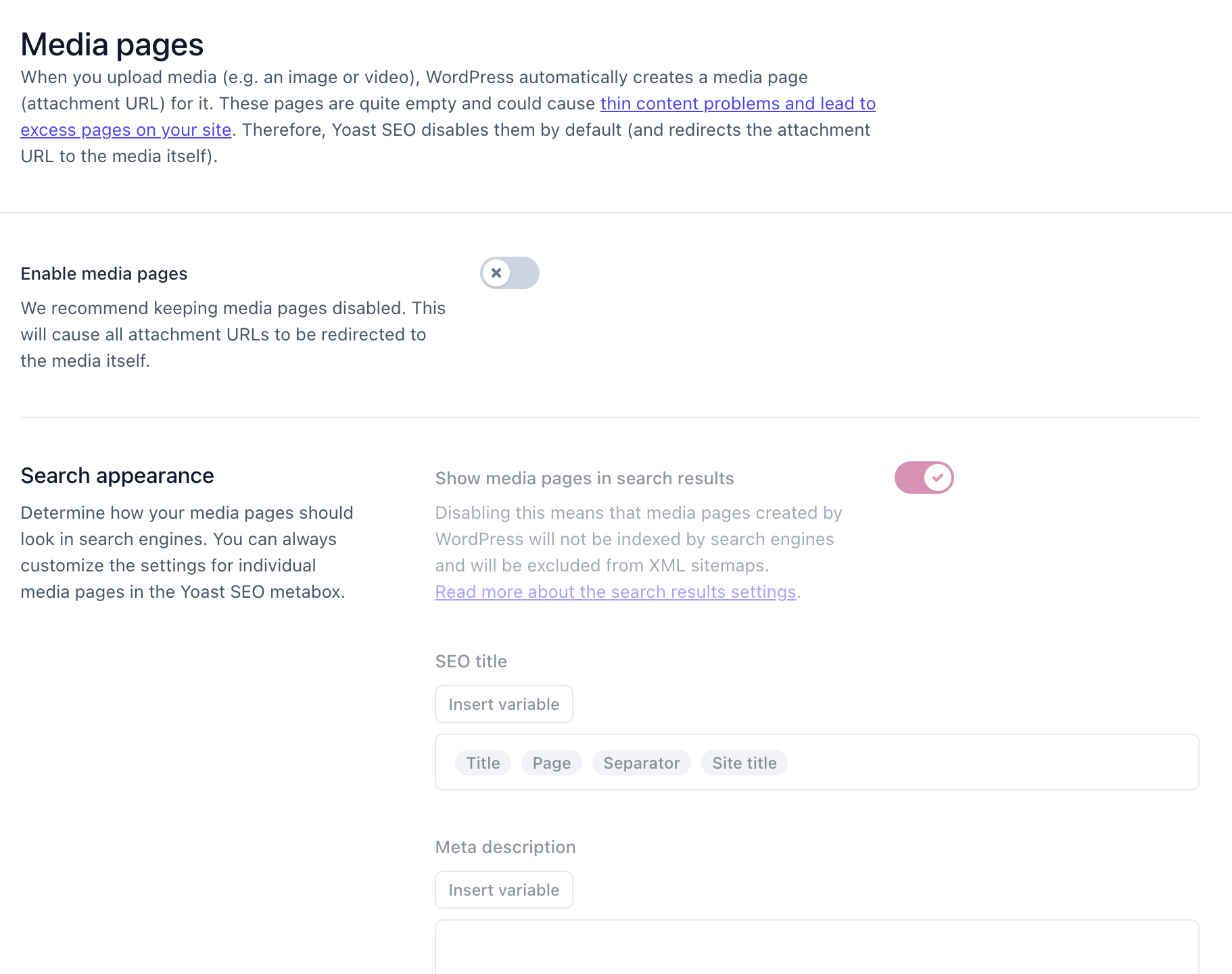 Yoast SEO media settings for redirecting attachment pages to the image file