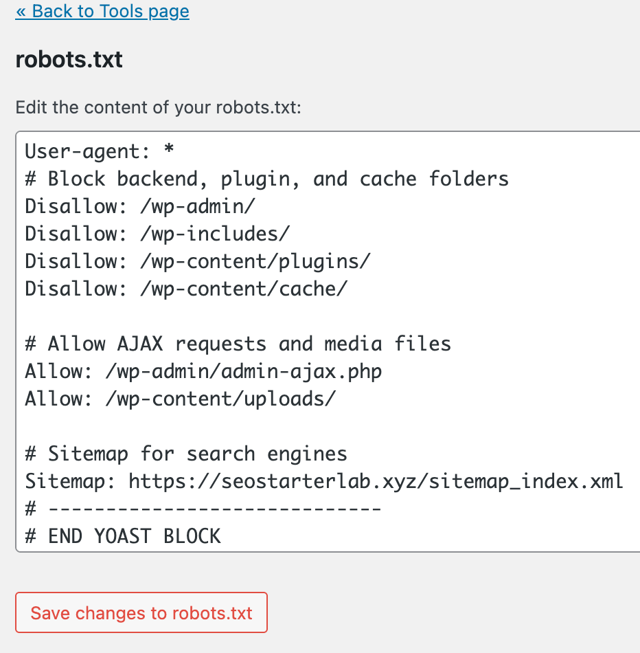 Yoast SEO robots.txt file editor showing rules for controlling search engine crawling