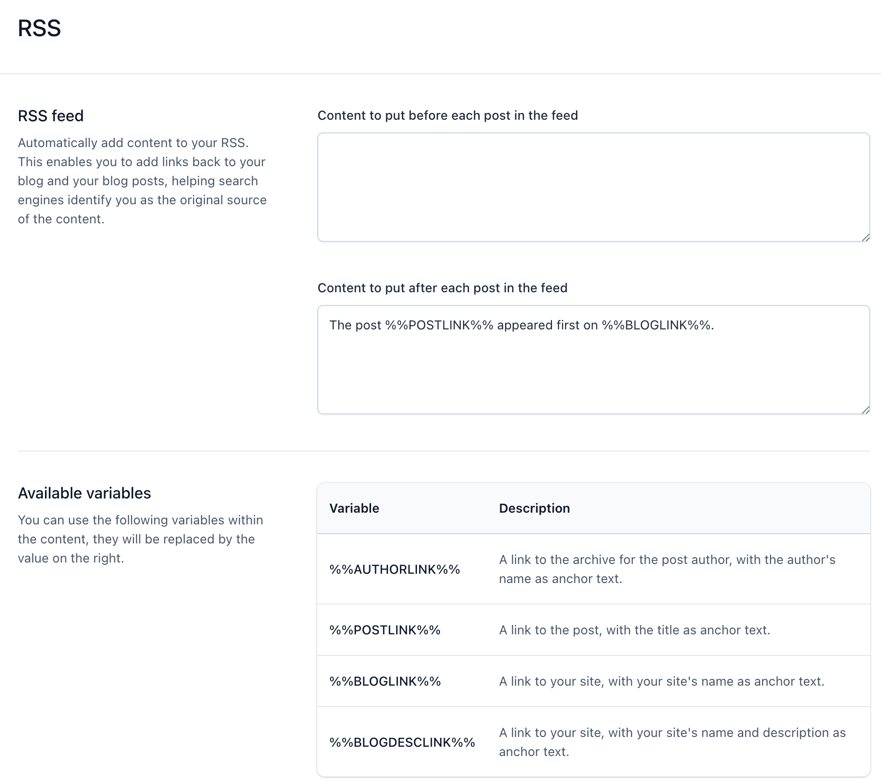 Yoast SEO RSS settings for customizing RSS feed content