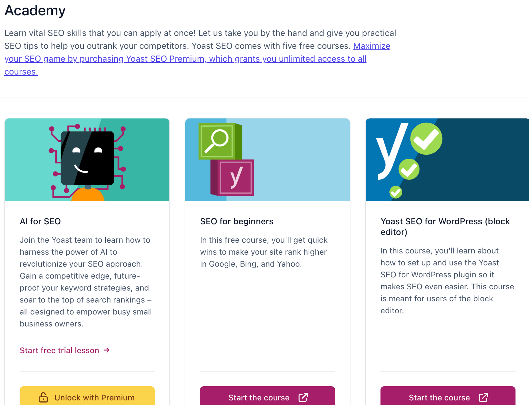 Yoast SEO academy section showing SEO learning courses and tutorials for beginners