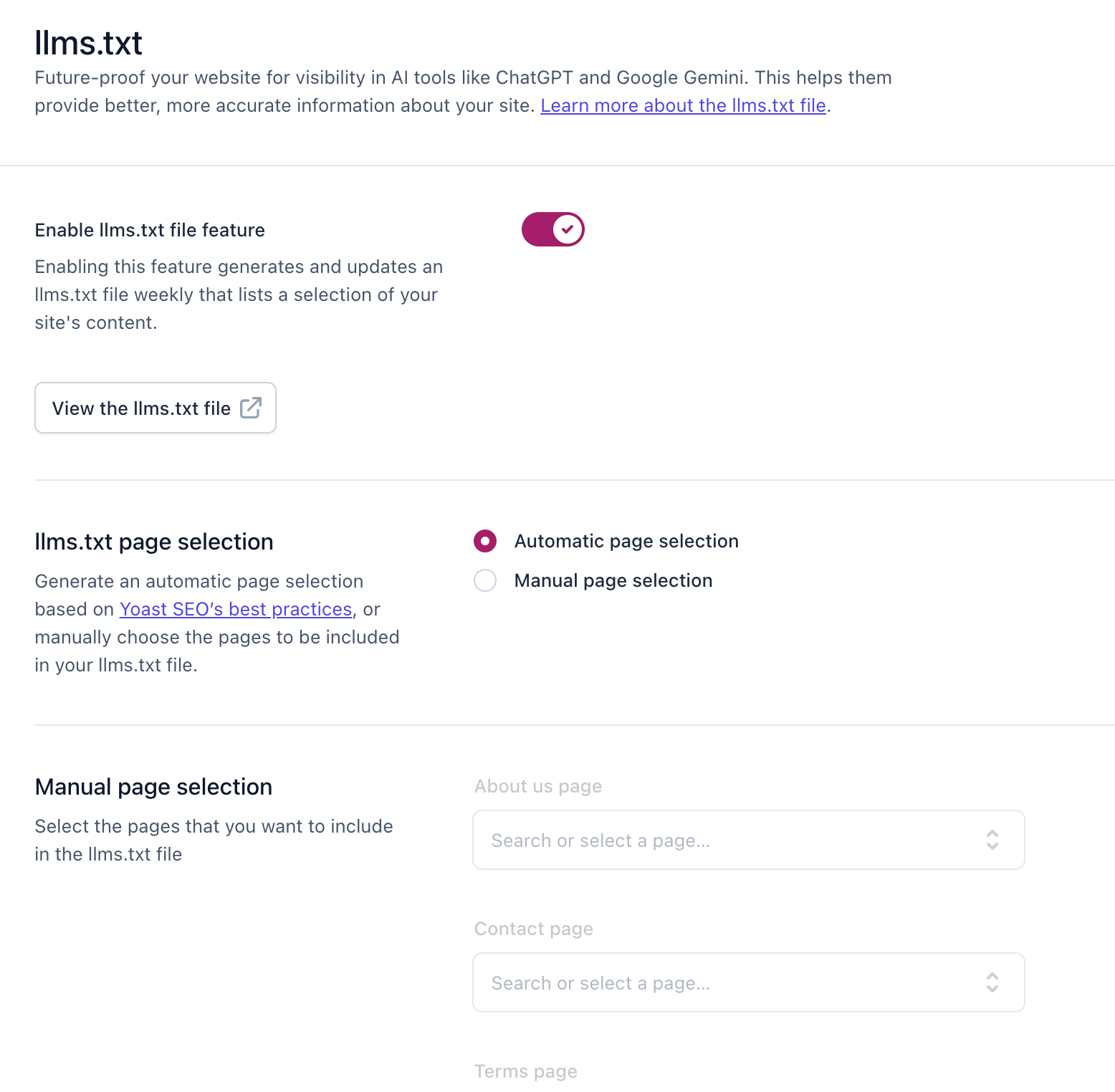 Yoast SEO advanced settings showing the llms.txt feature configuration like page selection and manual page selection