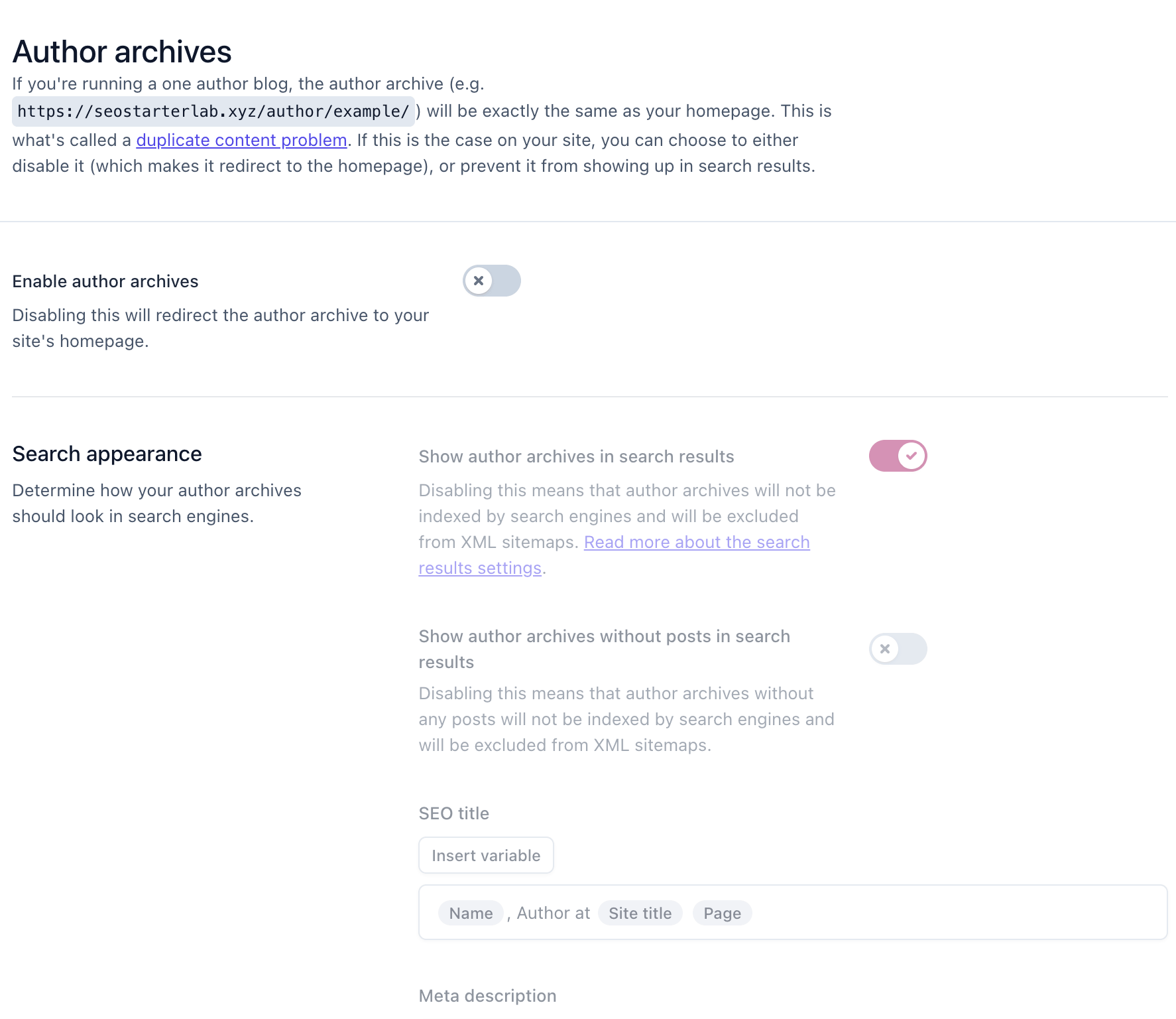 Yoast SEO settings showing author archives options for displaying posts by a specific author