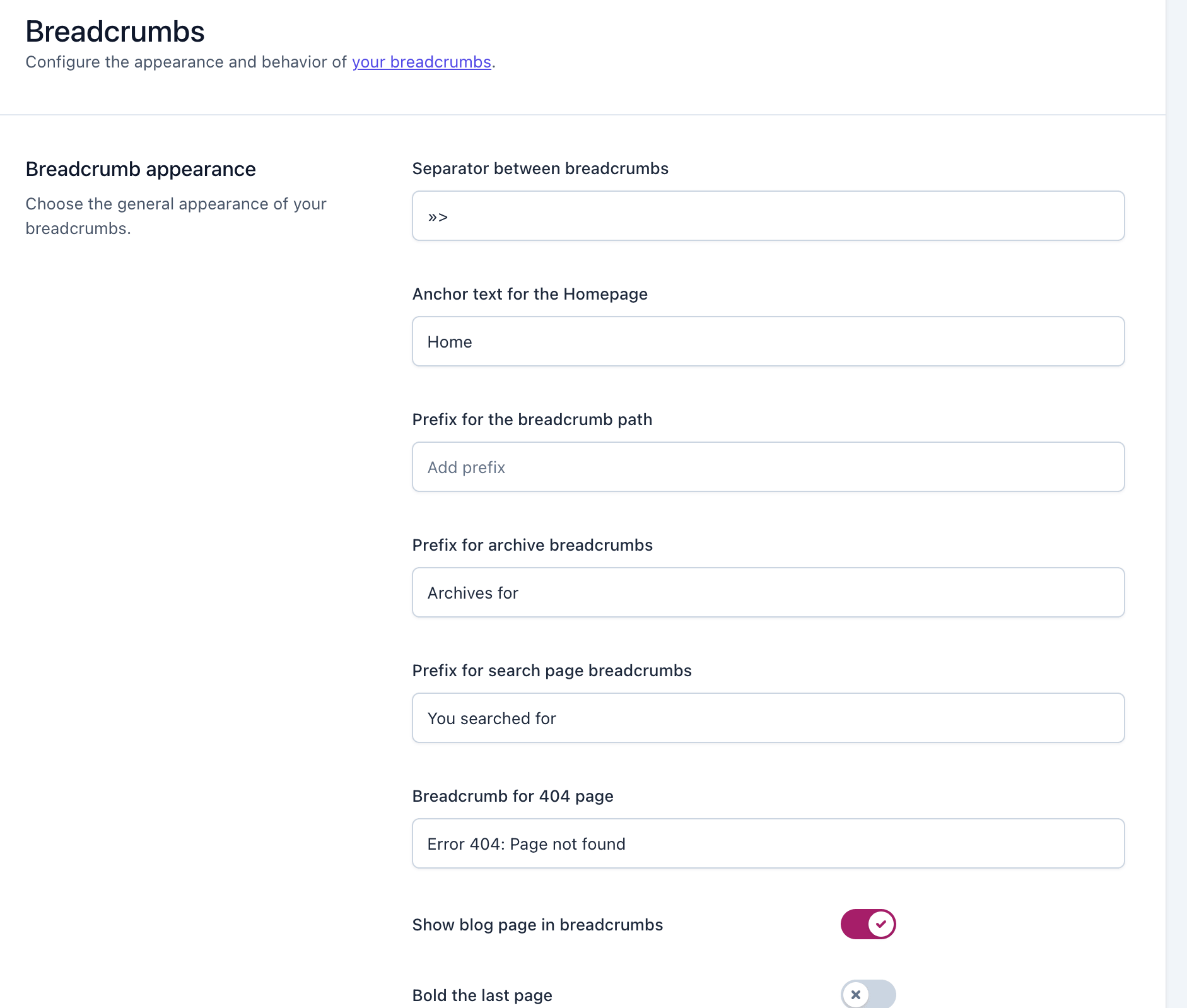 Yoast SEO breadcrumbs settings showing navigation path configuration for website pages