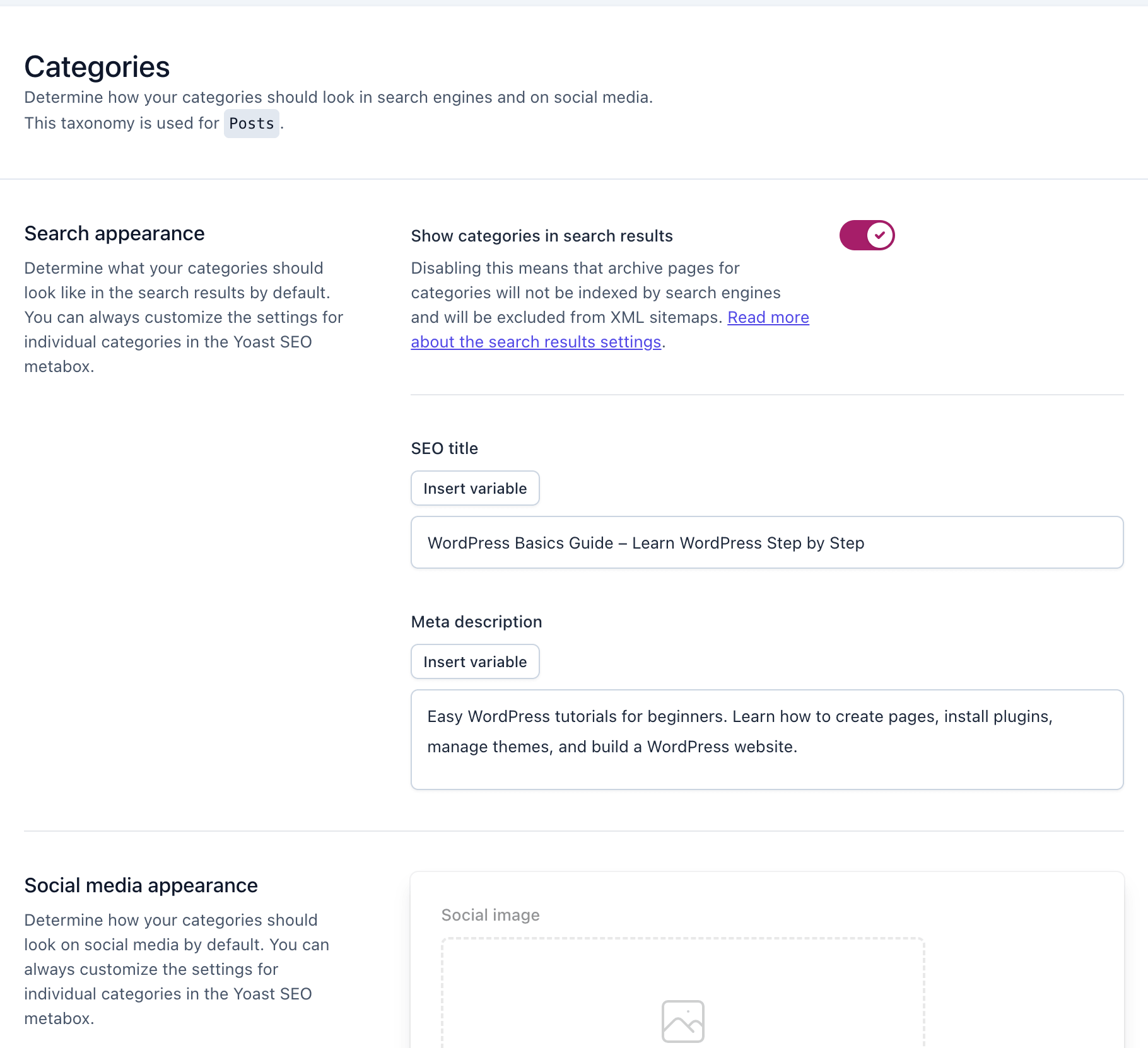 Yoast SEO Categories settings showing SEO title and meta description templates for category pages