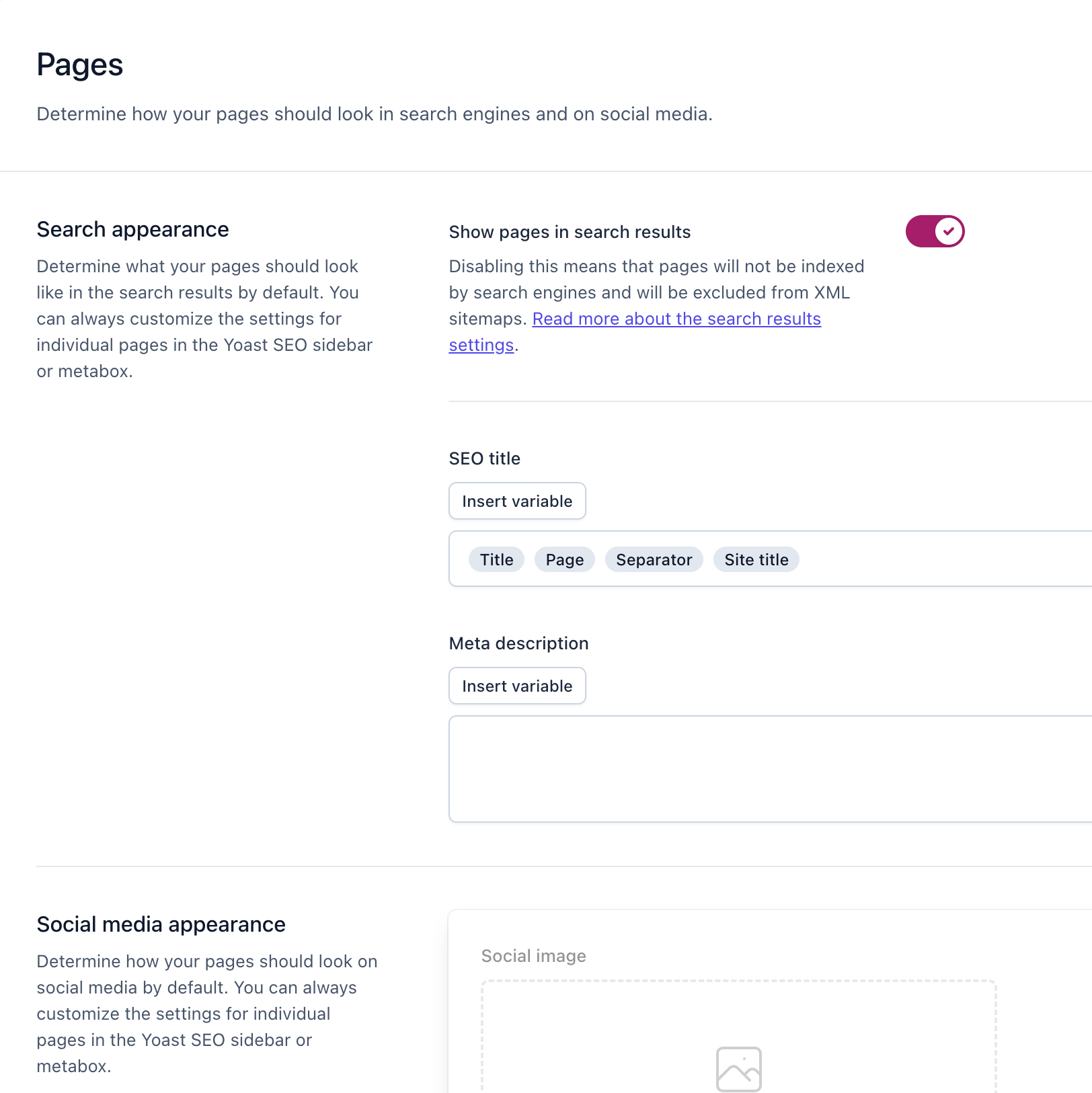 Yoast SEO settings showing content types posts like search appearance, social media appearance and schema.