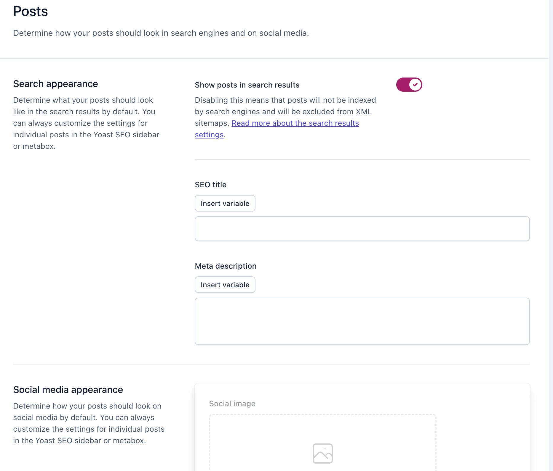 Yoast SEO settings showing content types posts like search appearance, social media appearance and schema.