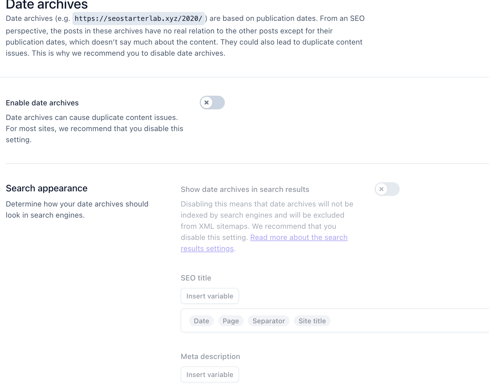 Yoast SEO settings showing date archive options for managing posts by publication date