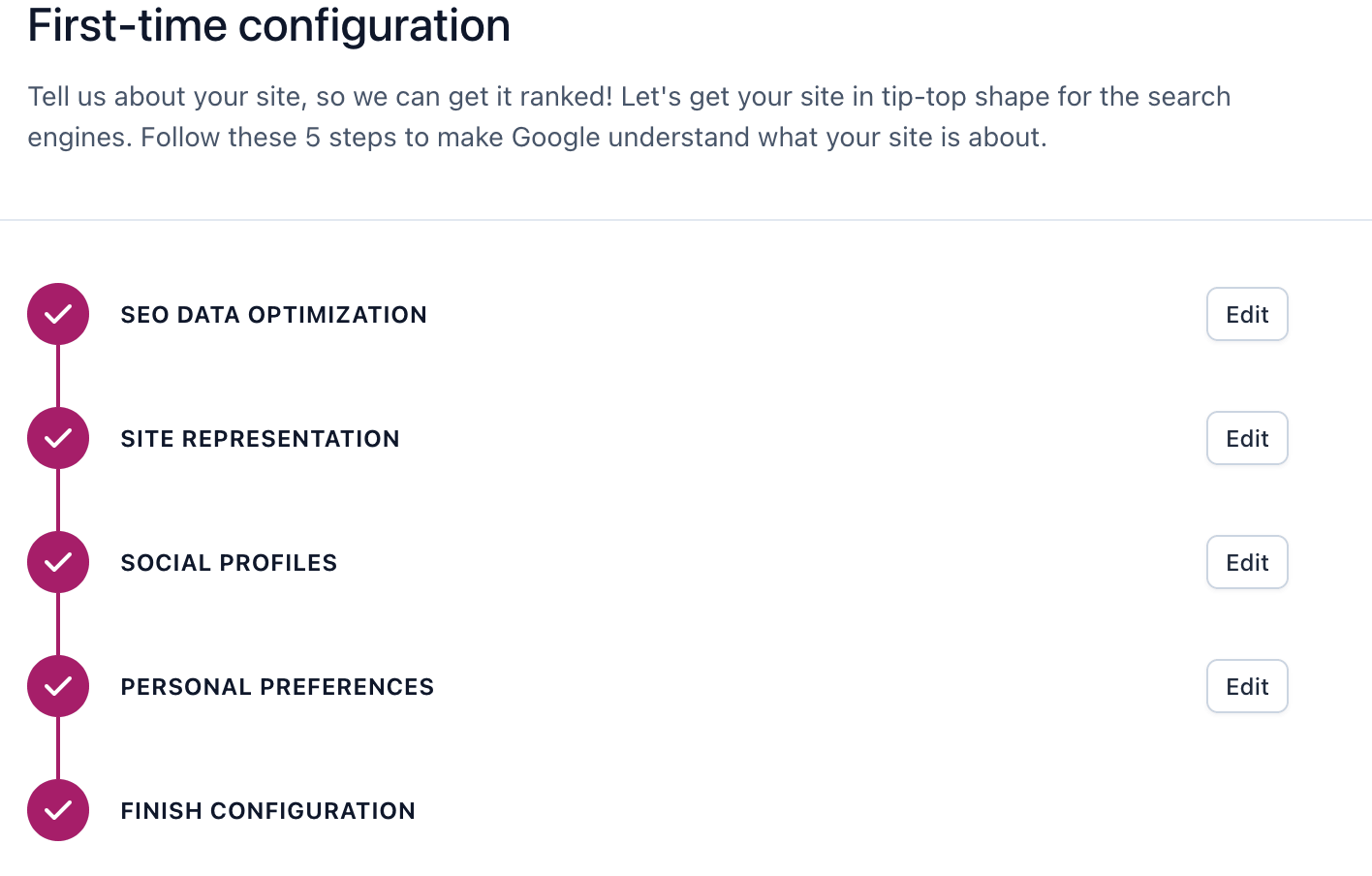 Yoast SEO first-time configuration setup wizard in WordPress dashboard