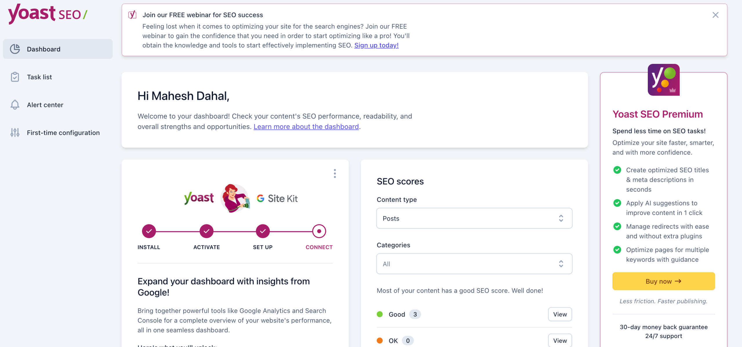 Yoast SEO general sections showing dashboard, task list, alert center. first time configuration in WordPress.