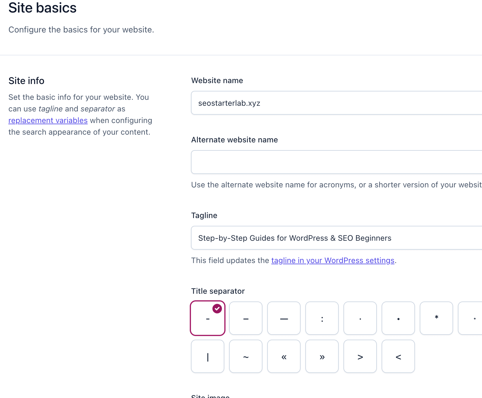 Yoast SEO settings showing general site Basics like site info, site Preferences and site policies.