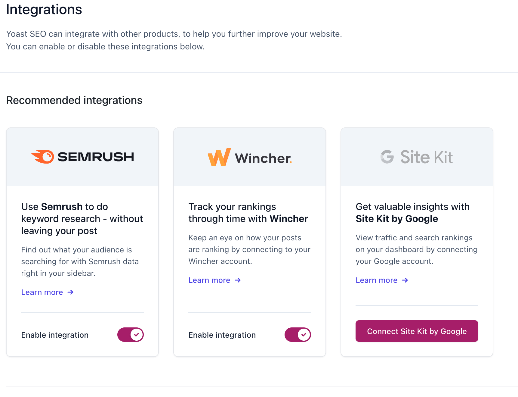 Yoast SEO integrations page showing available external tool connections