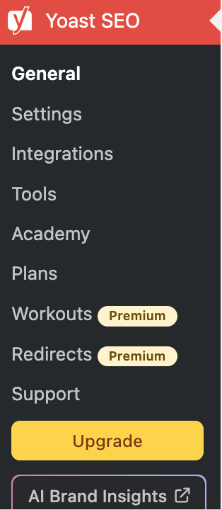 Yoast SEO Dashboard showing General settings, integrations, tools, academy, plans in WordPress.