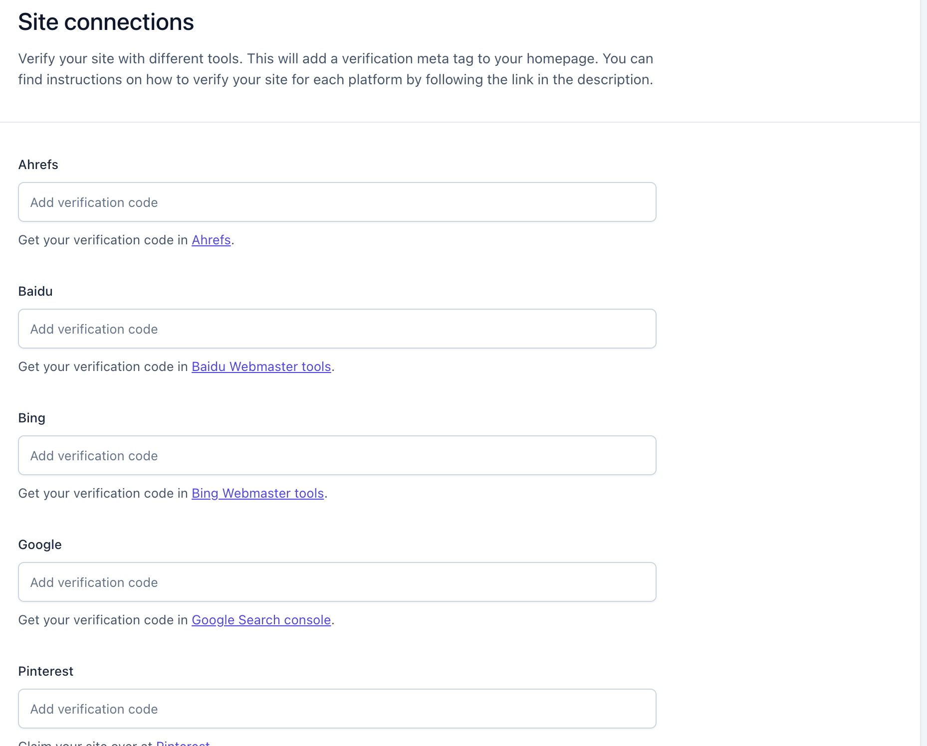 Yoast SEO settings showing general site connections like Ahrefs,
Baidu and Bing.