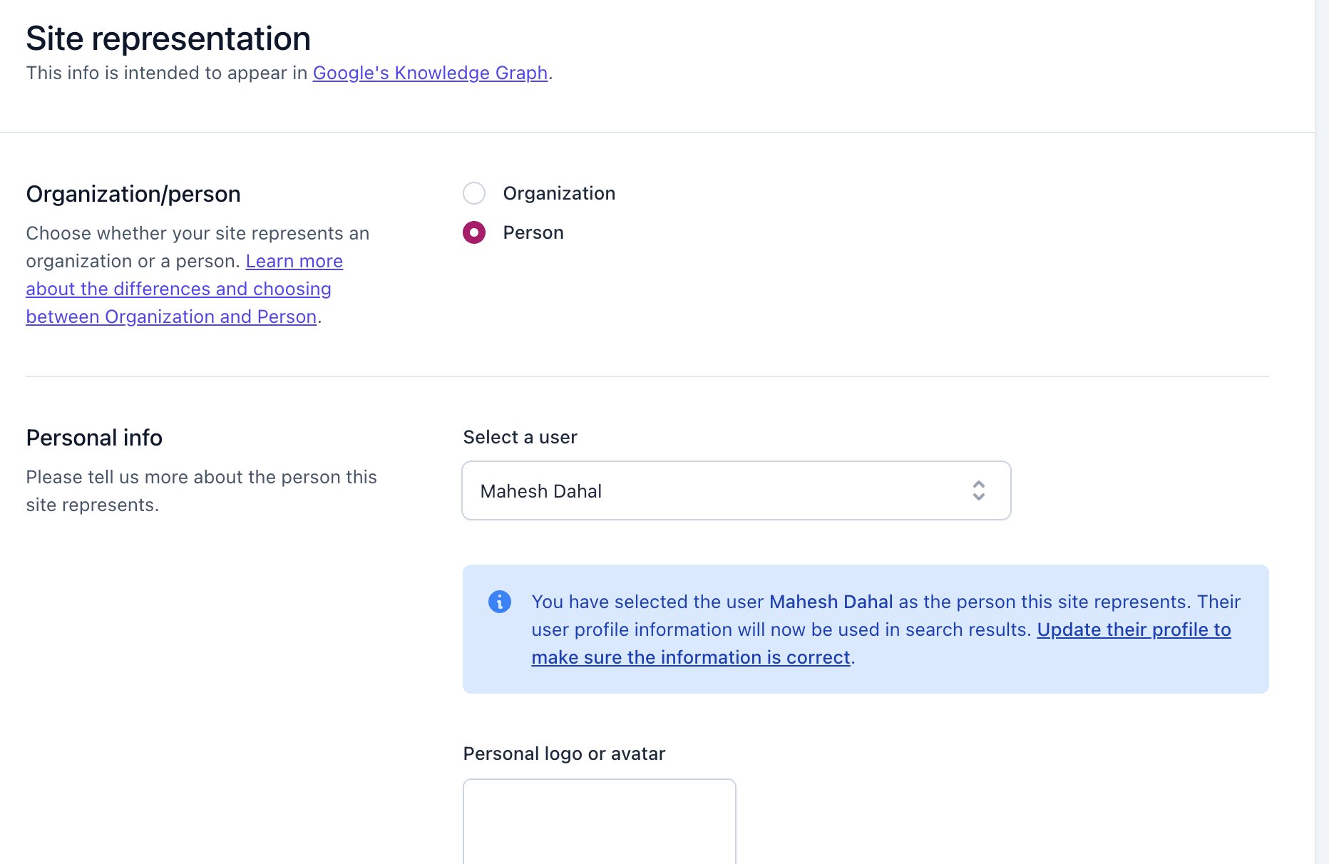 Yoast SEO settings showing general site representation like organization/person and Personal info.