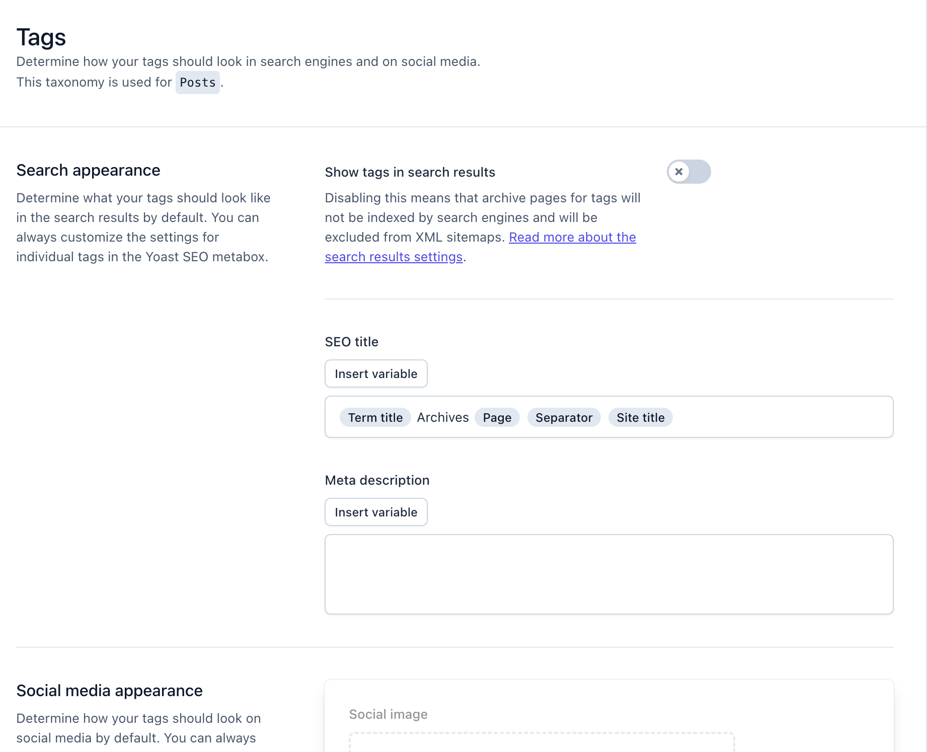 Yoast SEO Tags settings showing SEO title and meta description templates for category pages