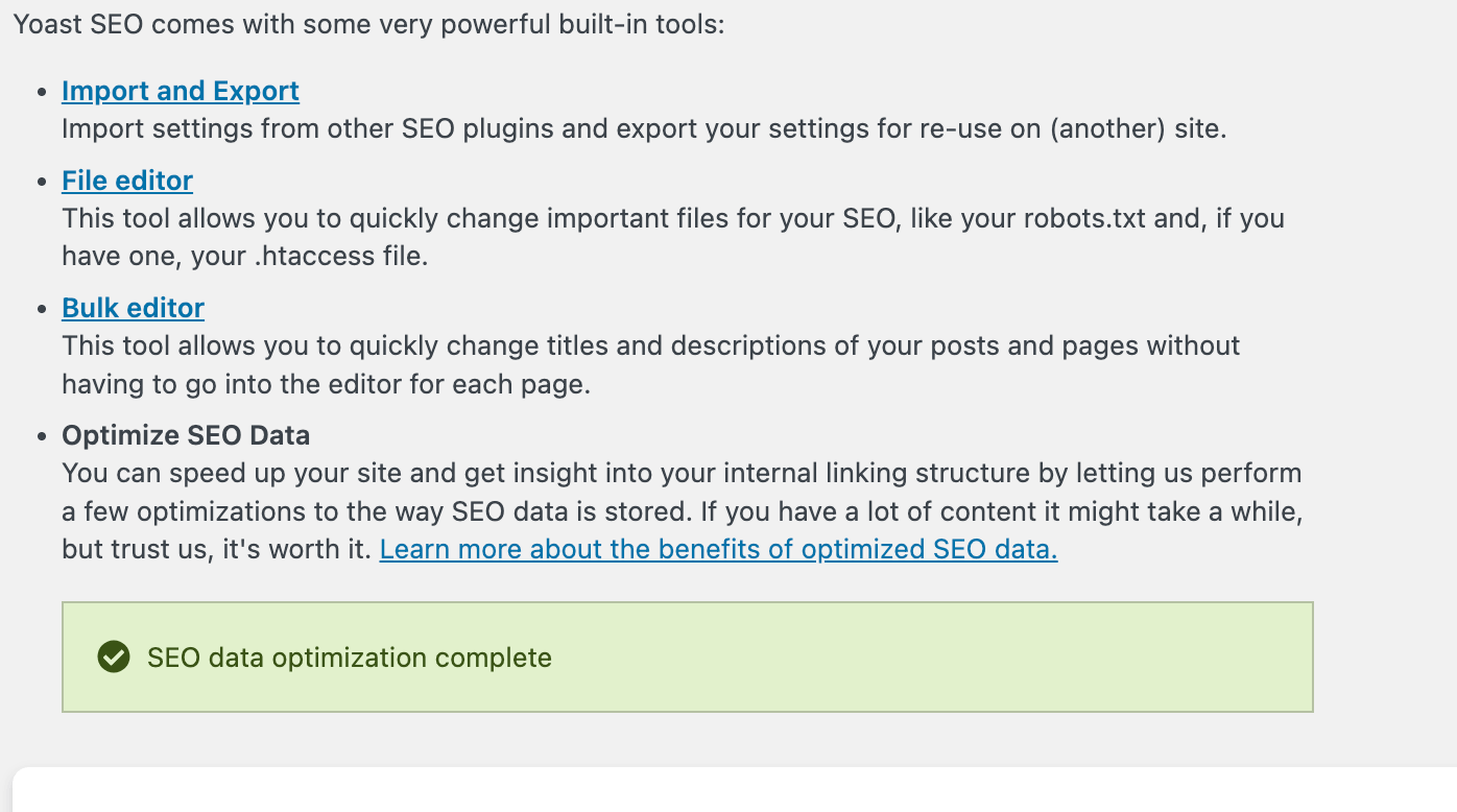 Yoast SEO tools interface displaying import/export and bulk SEO editing features