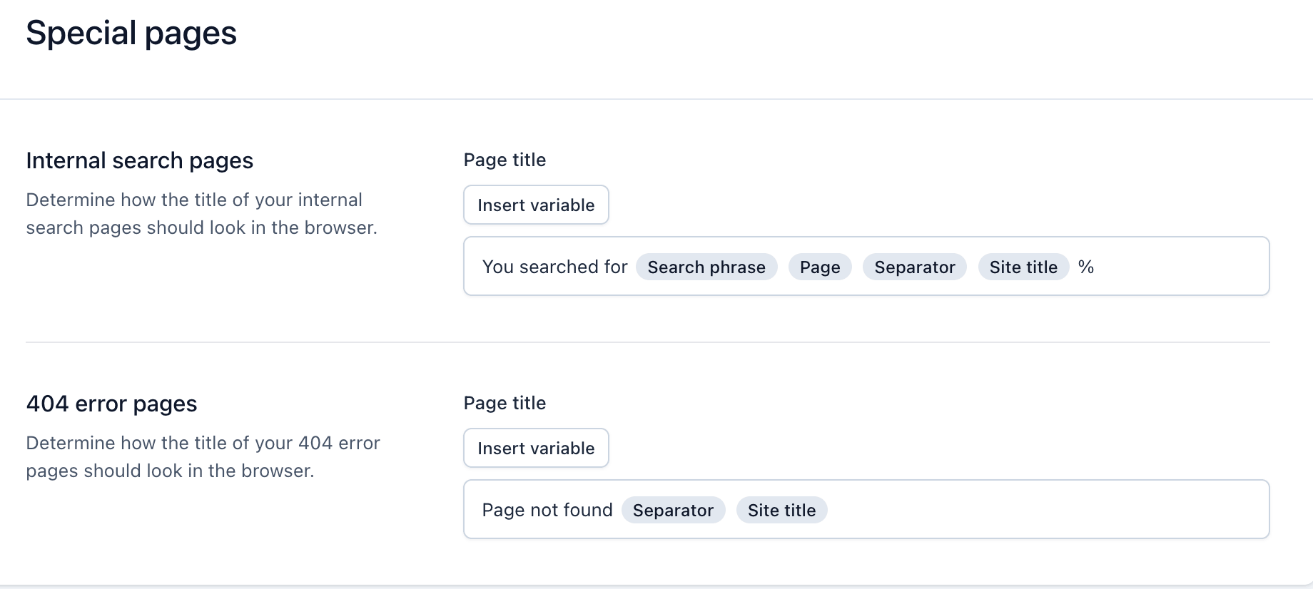 Yoast SEO settings showing special pages options like search pages and 404 page configuration