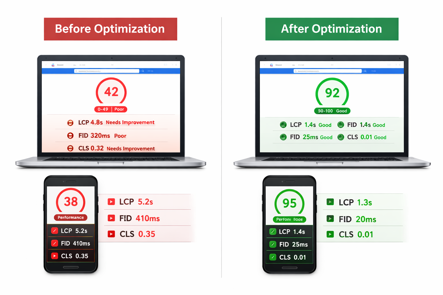 Core Web Vitals comparison before and after technical SEO optimization (mobile and desktop)