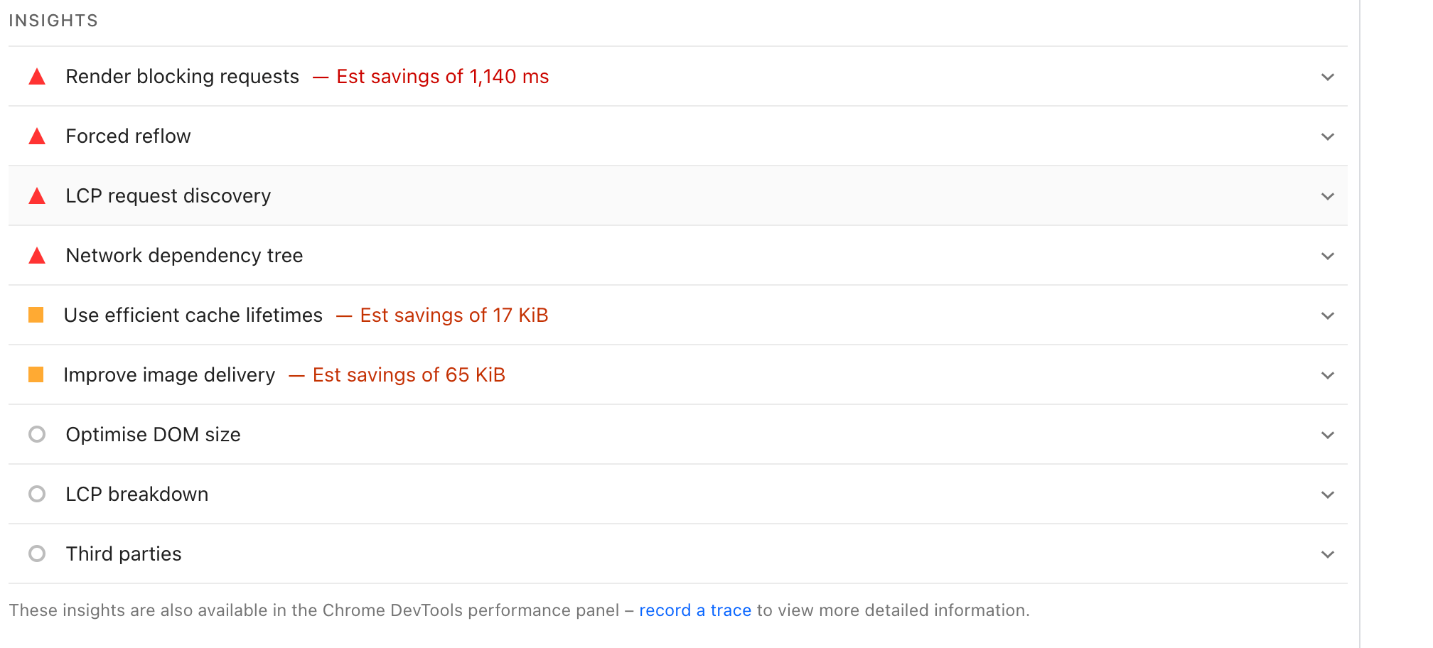 Core web vitals showing Insights issues in PageSpeed Insights
