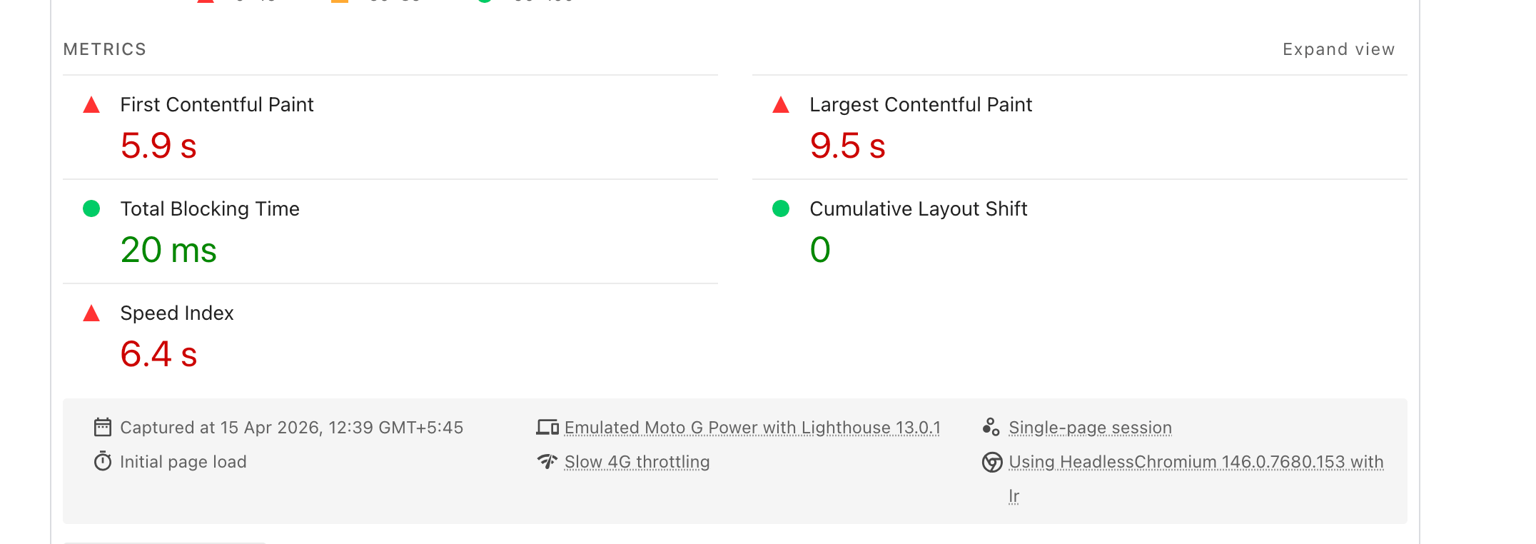 Core web vitals showing metrics issues in PageSpeed Insights