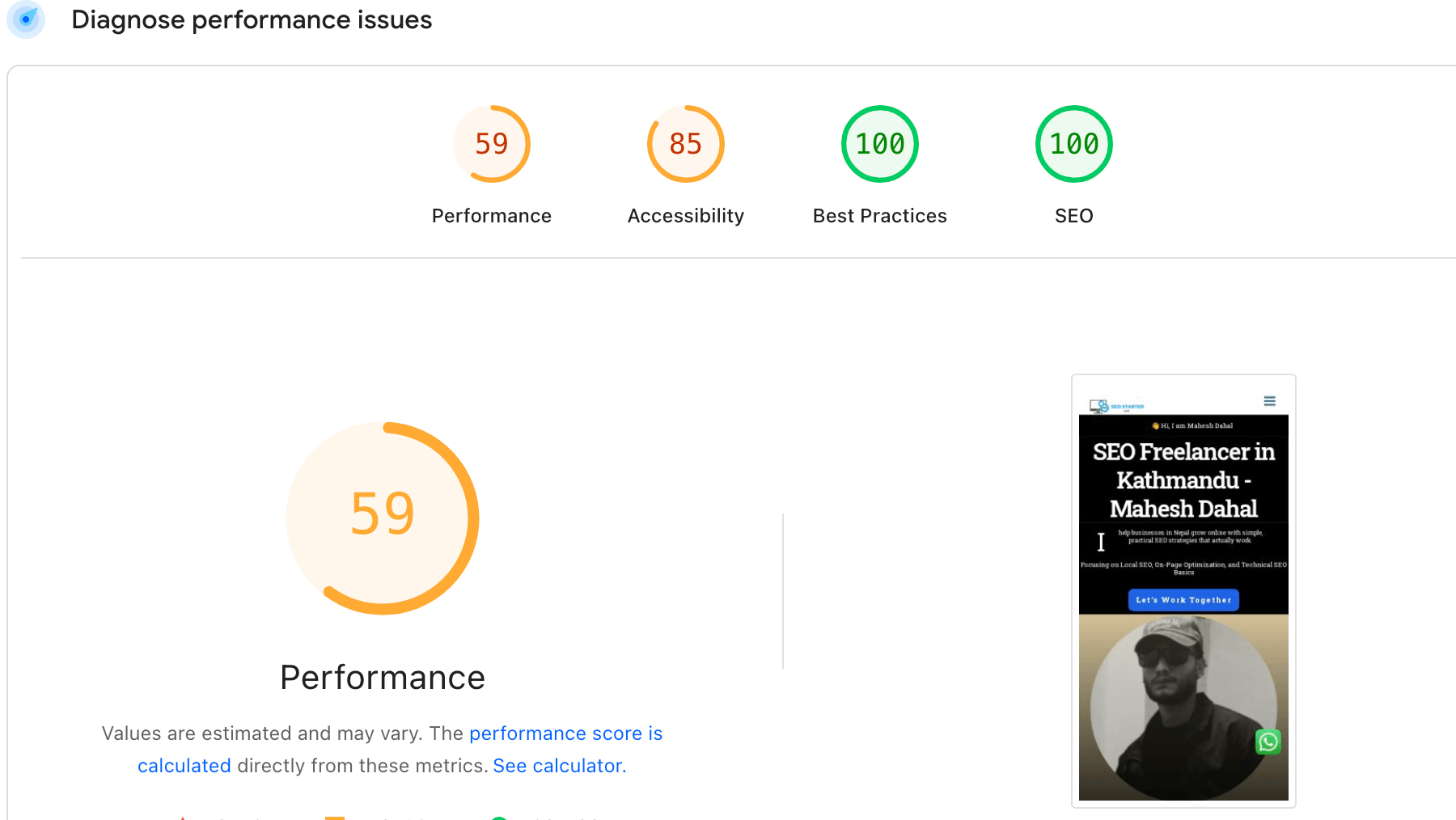 Core Web Vitals mobile performance before optimization showing poor page speed score