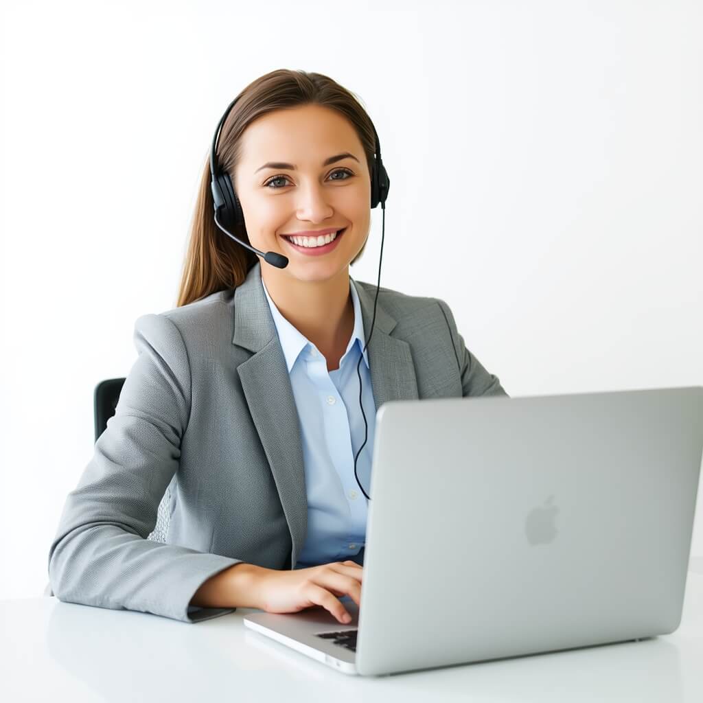 Friendly customer support agent smiling with headset while assisting customers on a laptop