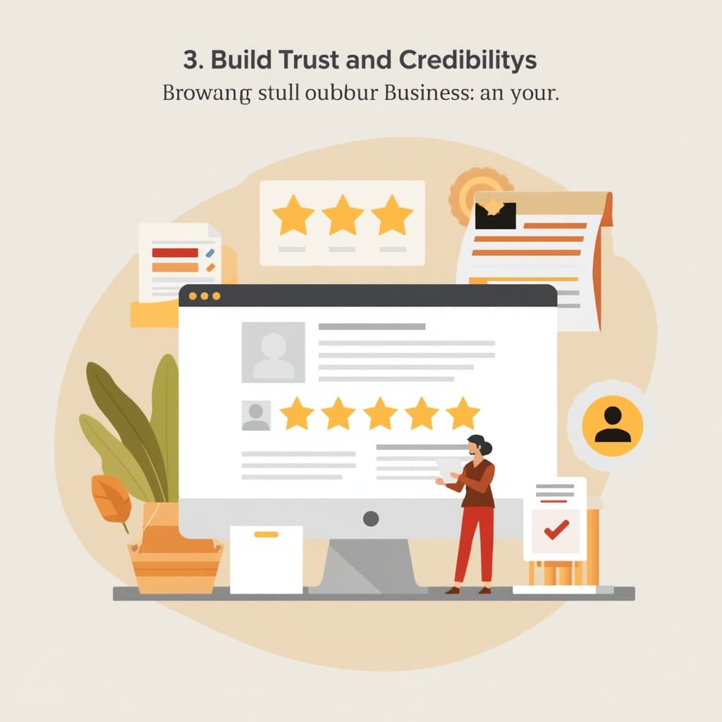 Business website showing high Google ranking with positive customer reviews and trust icons representing online credibility