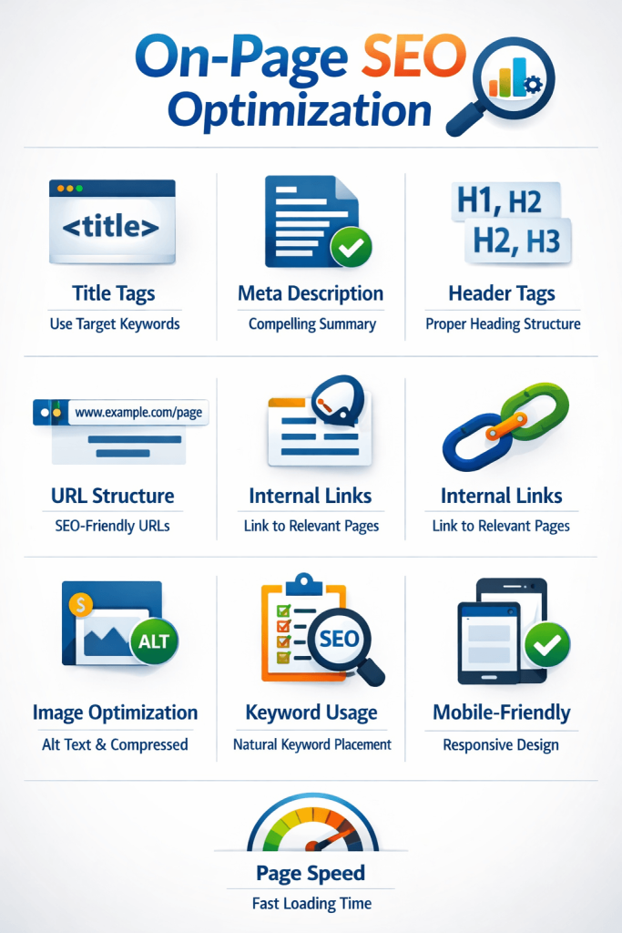 On page SEO optimization showing meta tags keywords headings internal linking and content structure