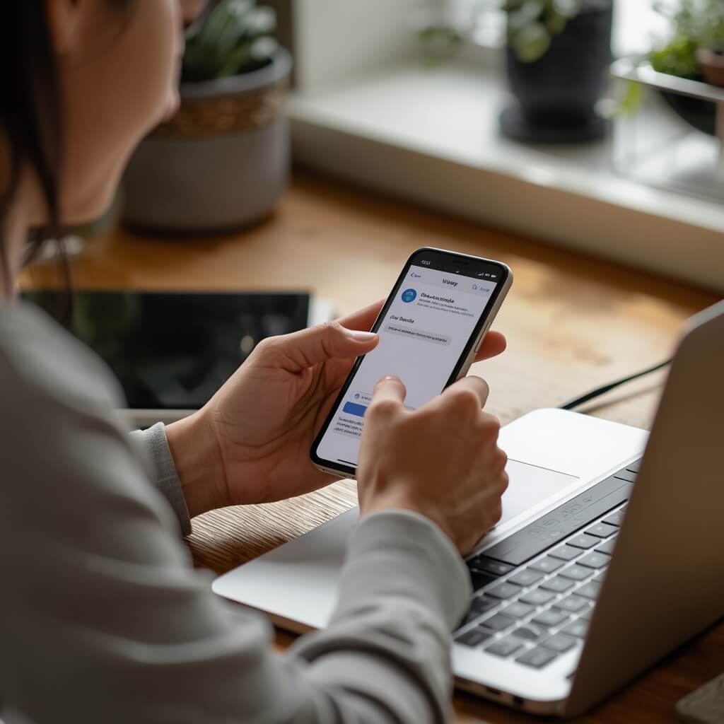Person replying to customer messages using smartphone and laptop in a modern workspace