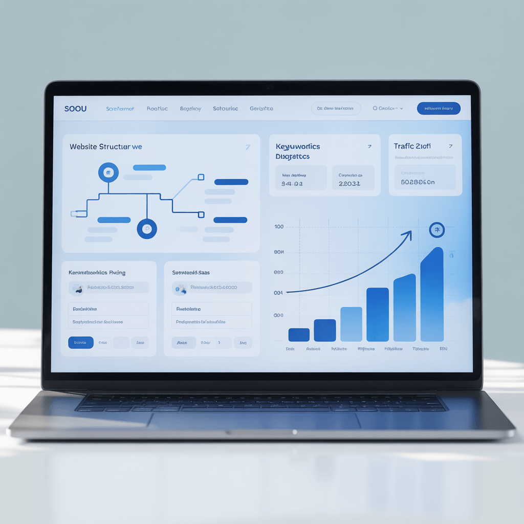 A modern SEO strategy dashboard displayed on a laptop screen showing website structure diagram, keyword research analytics, and an upward organic traffic growth graph representing long-term SEO performance and visibility improvement
