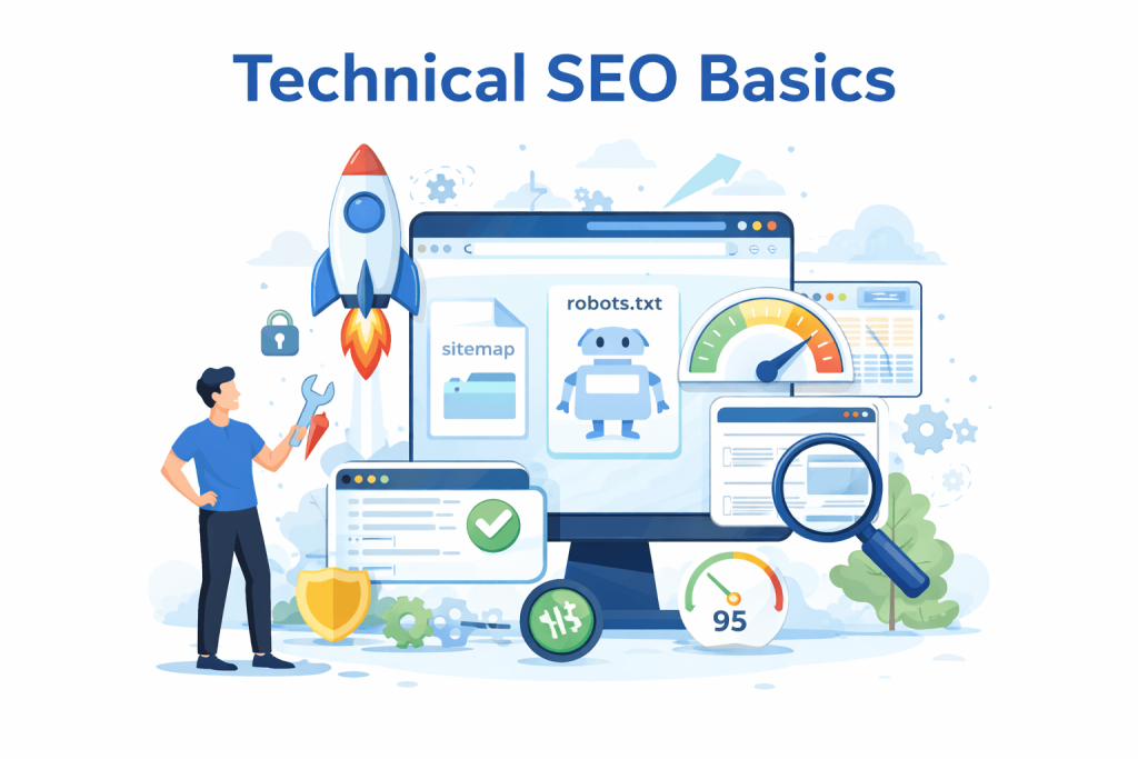 Technical SEO basics showing sitemap robots.txt website speed optimization and indexing setup